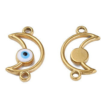 304 Stainless Steel Enamel Connector Charms, Golden, Moon with Evil Eye, White, 20.5x12x3mm, Hole: 1.8mm