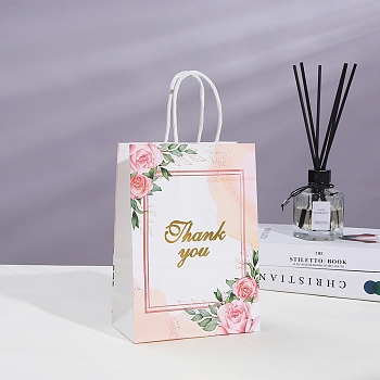 Thank You Flower Printed Paper Gift Tote Bags with Handles, Shopping Bags with Handle, Rectangle, Misty Rose, 15x8x21cm