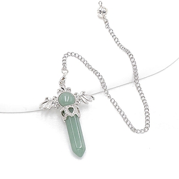 Natural Green Aventurine Dowsing Pendulum Big Pendants, with Platinum Plated Metal Findings, Hexagonal Angel Scepter Charm, 320mm