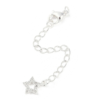 Brass Micro Pave Cubic Zirconia Ends with Chains, Star, 925 Sterling Silver Plated, 73mm, Hole: 2.5mm