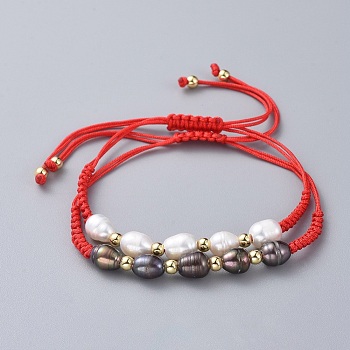 Braided Bead Bracelets, with Natural Cultured Freshwater Pearl Beads, Brass Beads and Nylon Thread, Mixed Color, 1-1/8 inch~3-1/2 inch(3~9cm), 2pcs/set
