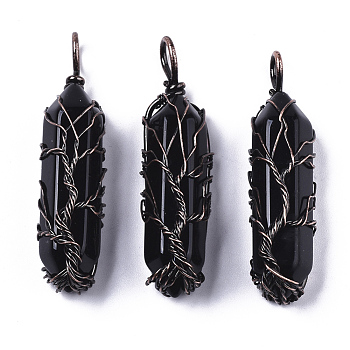Natural Black Agate Big Wire Wrapped Pendants, with Brass Wires, prismatic with Tree of Life, Red Copper, 48~62x14~17x13~18mm, Hole: 4x5~6mm