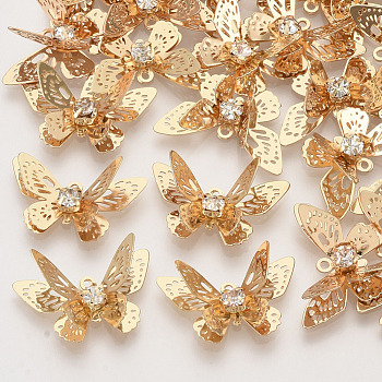 Brass Filigree Pendants, with Crystal Rhinestone, 3D Butterfly, Light Gold, 12x20x4~7mm, Hole: 1.2mm