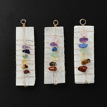 Chakra Jewelry, Natural Selenite Home Decorations, with Brass Wire Wrapped and Natural Gemstone Chip Beads, Rectangle, 45~60x17~20x4~7mm, Beads: 6~8x2~5mm