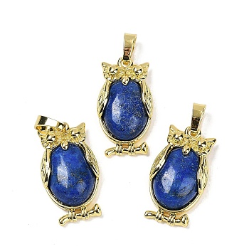 Dyed Natural Lapis Lazuli Pendant, with Brass Findings,  Lead Free & Cadmium Free, Long-Lasting Plated, Owl, 28.5x15.5x7mm, Hole: 5x8mm