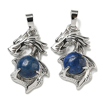 Dyed Natural Lapis Lazuli Pendants, Dragon Charms with Rack Plating Brass Findings, Platinum, Cadmium Free & Lead Free, 31x18x8~10mm, Hole: 5x8mm