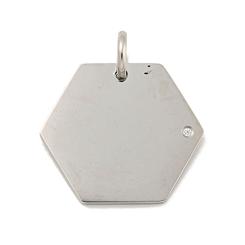 304 Stainless Steel Rhinestone Pendants, with Jump Ring, Hexagon Charm, Stainless Steel Color, 20x22.5x1.5mm, Hole: 3.7mm