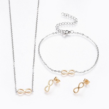 304 Stainless Steel Jewelry Sets, Bracelet, Necklaces and Earrings, Infinity, Golden & Stainless Steel Color, 18.1 inch(46.2cm), 1mm, 6-3/4 inch(17cm), 1mm, 13x5x2mm, Pin: 0.8mm