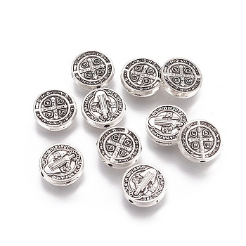 Tibetan Style Alloy Beads, Flat Round, Saint Benedict, with Word CssmlNdsmd, Antique Silver, 10x10.3x2.4mm, Hole: 1.2mm