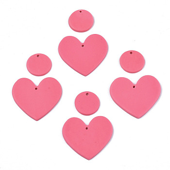 Handmade Polymer Clay Pendants, Heart & Flat Round, Pale Violet Red, 18~33x18~38x2.5~3mm, Hole: 1.8mm, 2pcs/set