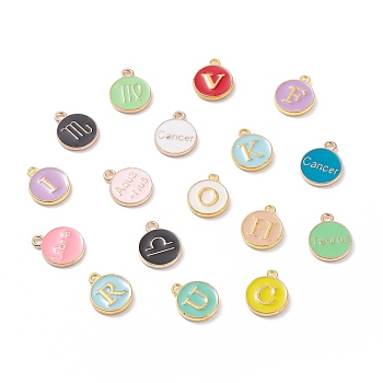 Alloy Enamel Charms, Golden, Flat Round with Constellation and Letter, Mixed Color, 14x12x2mm, Hole: 1.5mm