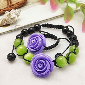 Fashion Cat Eye Jewelry Sets:Bracelets & Rings, with Flower Resin Beads, Glass Beads and Nylon Cord, Medium Slate Blue, Bracelets: about 55~90mm inner diameter, Rings: 20~23mm inner diameter(X-SJEW-JS00139-04)