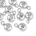 SHEGRACE Brass Clear Cubic Zirconia Charms, Flat Round with Star Pattern Charms, Cadmium Free & Lead Free & Nickel Free, Real Platinum Plated, 9.5x8x2.5mm, Hole: 2.5mm(XGRQ3P174-593P)