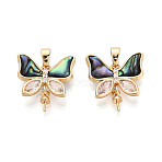 Brass with Cubic Zirconia and Abalone Shell Cup Pearl Peg Bails Pin Pendants, Butterfly, for Half Drilled Beads, Real 18K Gold Plated, Black, 18x16x3.5~4mm, Hole: 5x3mm, Pin: 0.5mm(KK-T079-42G)