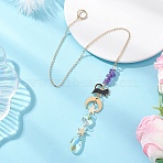 Teardrop Glass & Natural Amethyst Beads Hanging Suncatchers, Cat Alloy Links for Outdoor & Garden Decor, Moon & Star, Golden, 411mm(HJEW-JM04611)