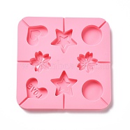 DIY Lollipop Making Food Grade Silicone Molds, Candy Molds, Heart, Sakura, Flat Round & Star, 8 Cavities, Pink, 165x165x12.5mm, Inner Diameter: 35~47x38~48.5mm, Fit for 3mm Stick(DIY-P065-03)