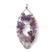 Leaf Natural Amethyst Copper Wire Wrapped Chip Big Pendants, Tree of Life Charm, with Platinum Tone Iron Findings, 68x30x8mm, Hole: 6.2mm(G-E195-01P-02)