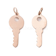 Ion Plating(IP) 304 Stainless Steel Charms, Laser Cut, with Jump Rings, Key, Rose Gold, 15x6x0.7mm, Jump Ring: 3x0.4mm, 2.2mm inner diameter(A-STAS-S116-070RG)