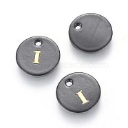 Freshwater Shell Charms, with Gold Blocking Letter, Dyed, Flat Round, Black, Letter.I, 11x1.5mm, Hole: 1.5mm(SHEL-S253-16I)