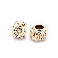 Nickel Free & Lead Free Alloy European Beads, Long-Lasting Plated, Large Hole Beads, Rondelle with Flower Pattern, Golden, 10x7mm, Hole: 5mm(PALLOY-J218-199G-NR)