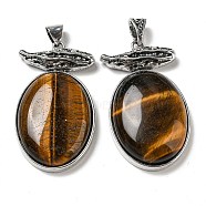 Natural Tiger Eye Big Pendants, Antique Silver Plated Alloy Oval Charms, 56x32x11mm, Hole: 7x6.5mm(G-Z050-09A)