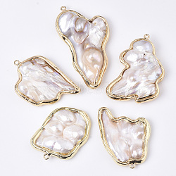 Natural Baroque Pearl Keshi Pearl, Cultured Freshwater Pearl Big Pendants, with Brass Loops, Nuggets, Edge Golden Plated, Seashell Color, 44.5~63x32~34.5x7~11mm, Hole: 1.8mm(PEAR-T006-02)