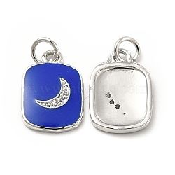 Brass Micro Pave Cubic Zirconia Pendants, with Enamel & Jump Ring, Rectangle with Moon Charm, Platinum, Blue, 16x11x2mm, Hole: 2.5mm(KK-E068-VB439-1)
