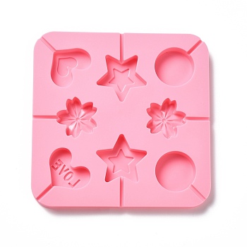 DIY Lollipop Making Food Grade Silicone Molds, Candy Molds, Heart, Sakura, Flat Round & Star, 8 Cavities, Pink, 165x165x12.5mm, Inner Diameter: 35~47x38~48.5mm, Fit for 3mm Stick