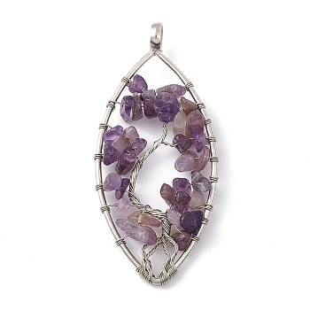 Leaf Natural Amethyst Copper Wire Wrapped Chip Big Pendants, Tree of Life Charm, with Platinum Tone Iron Findings, 68x30x8mm, Hole: 6.2mm