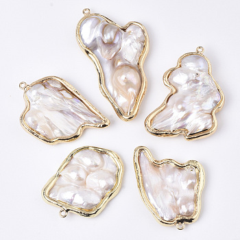 Natural Baroque Pearl Keshi Pearl, Cultured Freshwater Pearl Big Pendants, with Brass Loops, Nuggets, Edge Golden Plated, Seashell Color, 44.5~63x32~34.5x7~11mm, Hole: 1.8mm