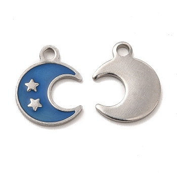 304 Stainless Steel Enamel Pendants, Moon with Star Charm, Stainless Steel Color, 12.5x10x1mm, Hole: 1.6mm