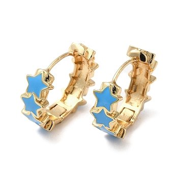 Star Real 18K Gold Plated Brass Hoop Earrings, with Enamel, Deep Sky Blue, 19.5x7mm