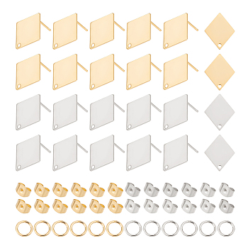 40Pcs 201 Stainless Steel Stud Earring Findings, with 304 Stainless Steel Pin & Hole & Friction Ear Nuts, Rhombus, with 40Pcs 304 Stainless Steel Open Jump Rings, Platinum & Golden, 80pcs/box