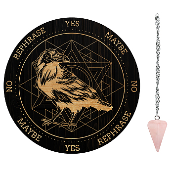 AHADEMAKER 1Pc Cone/Spike/Pendulum Natural Rose Quartz Stone Pendants, 1Pc 304 Stainless Steel Cable Chain Necklaces, 1Pc PVC Custom Pendulum Board, Dowsing Divination Board, Raven Pattern, Board: 200x4mm