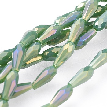 Electroplated Opaque Glass Beads Strands, Full Rainbow Plated, Faceted, Teardrop, Dark Sea Green, 9~10x4mm, Hole: 0.8mm, about 70~72pcs/strand, 25.98 inch~27.95 inch(66~71cm)