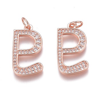 Brass Micro Pave Clear Cubic Zirconia Pendants, Long-Lasting Plated, With Jump Ring, Rose Gold, 20x12x2mm, Hole: 3mm, Jump Ring: 5x1mm