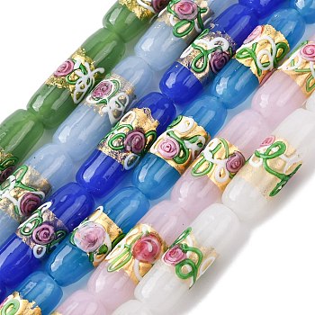 Handmade Foil Glass Beads, Column with Rose Flower, Mixed Color, 29~30x10~10.5mm, Hole: 1.4mm