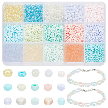 Elite 150G 15 Styles Glass Seed Beads, Round Hole, Frosted Colours & Transparent & Ceylon, Round, Mixed Color, 3~4.5x2~3mm, Hole: 0.8~1.5mm, 10g/style
