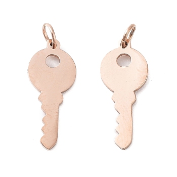 Ion Plating(IP) 304 Stainless Steel Charms, Laser Cut, with Jump Rings, Key, Rose Gold, 15x6x0.7mm, Jump Ring: 3x0.4mm, 2.2mm inner diameter