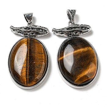 Natural Tiger Eye Big Pendants, Antique Silver Plated Alloy Oval Charms, 56x32x11mm, Hole: 7x6.5mm