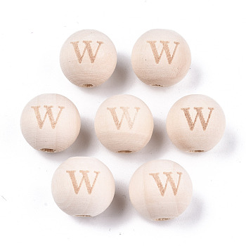 Unfinished Natural Wood European Beads, Large Hole Beads, Laser Engraved Pattern, Round with Word, Letter.W, 15~16x14~15mm, Hole: 4mm