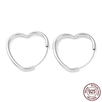 Rhodium Plated 925 Sterling Silver Hoop Earrings, Heart, with S925 Stamp, Real Platinum Plated, 20.5x2x22.5mm