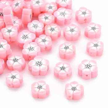 Handmade Polymer Clay Beads, Flower, Pink, 9~10x9~10x4~5mm, Hole: 1.2mm