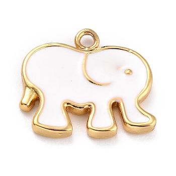 Golden Brass Enamel Pendants, Long-Lasting Plated, Elephant, White, 16x17.5x2mm, Hole: 1.6mm