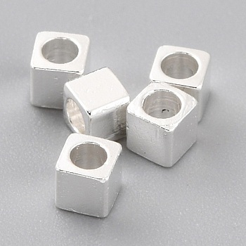 Brass Spacer Beads, Long-Lasting Plated, Cube with Round Hole, 925 Sterling Silver Plated, 2.5x2.5x2.5mm, Hole: 1.6mm