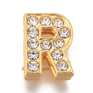 Alloy Slide Charms, with Crystal Rhinestone, Letter, Letter.R, R: 12x9x4.2mm, Hole: 2x8mm(PALLOY-WH0070-30R)