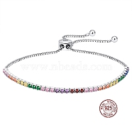 Colorful Cubic Zirconia Tennis Bracelet, Adjustable Rhodium Plated 925 Sterling Silver Slider Bracelets, with 925 Stamp, Platinum, 6-1/4~9-1/8 inch(16~23cm)(BJEW-I314-004P)