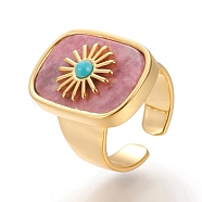 Natural Rhodochrosite & Turquoise Cuff Rings, Open Rings, Long-Lasting Plated, Rectangle with Sun, Real 18K Gold Plated, Size 7, Inner Diameter: 17mm(RJEW-P016-01A-09G)