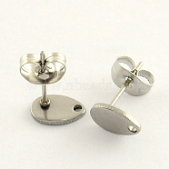 304 Stainless Steel Stud Earring Findings, with Loop and Flat Plate, Teardrop, Stainless Steel Color, 8x5mm, Hole: 1mm, pin: 0.8mm(STAS-R063-38)