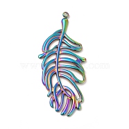 Ion Plating(IP) 304 Stainless Steel Big Pendants, Feather Charm, Rainbow Color, 50x22x2mm, Hole: 1.6mm(STAS-A070-18MC)